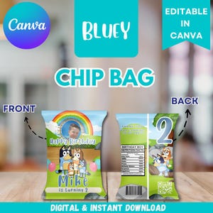 Bluey Birthday Chip Bag: Editable Party Favor (Canva Digital Download)