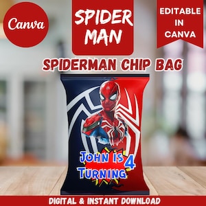 Plantilla de bolsa de papas fritas de Spiderman / Regalo personalizado de Spiderman / Recuerdos de fiesta de Spiderman / Descarga digital / Imprimible / Plantilla editable de Canva