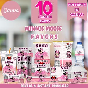 X10 template Minnie Mega Birthday bundle/Minnie Chip Bag, Water Label , RICE KRISPIES Caprisun, Hershey Bar, Kitkat, Edit Yourself in CANVA