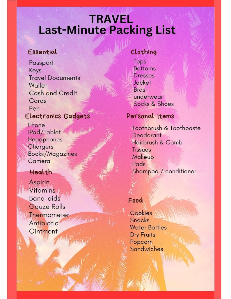 Printable Travel Packing List - Etsy