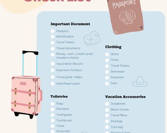May include: A pink travel checklist with a pink suitcase, a passport, a hat, and a list of items to pack for a trip. The checklist includes categories for important documents, clothing, toiletries, and vacation accessories.