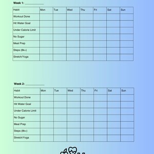 Puede incluir: Un planificador de hábitos y un calendario imprimibles de 8 semanas con una ilustración en blanco y negro de una persona meditando con una manzana, un corazón y una mancuerna. El planificador incluye una lista de hábitos para realizar un seguimiento, como entrenamiento completado, objetivo de agua alcanzado, límite de calorías cumplido, sin azúcar, preparación de comidas, pasos (8 000 +) y estiramiento/yoga. El calendario incluye los días de la semana de lunes a domingo.