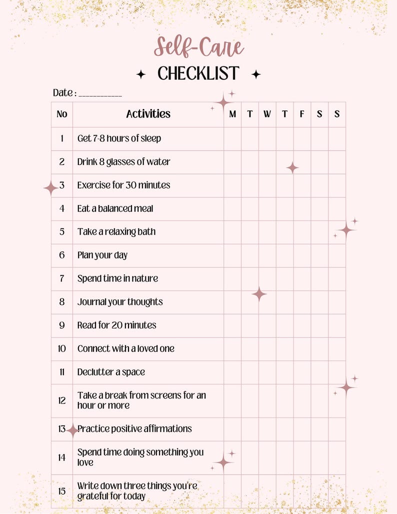 Self-care Checklist Printable | Daily Wellness Tracker | Mental Health ...