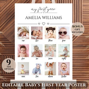 Poster photo première année de bébé, signe d'étape 12 mois, modèle de toile modifiable, tableau photo numérique mensuel pour bébé, souvenir de fête d'anniversaire