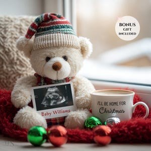 Christmas Baby Announcement Template, Editable Teddy Bear Ultrasound Reveal Canva Card, Digital Pregnancy Reveal Social Media Post