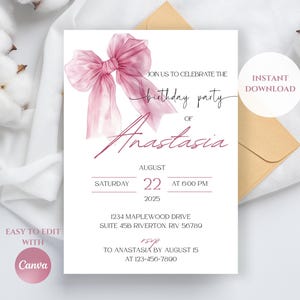 Verjaardagsuitnodiging met roze strik, bewerkbare elegante verjaardagsuitnodigingssjabloon, blush-verjaardagskaart, instant digitale download, canvassjabloon