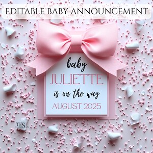 Modèle modifiable de faire-part de bébé, noeud rose grossesse révélateur de toile, carte numérique fille bébé à venir, téléchargement immédiat imprimable