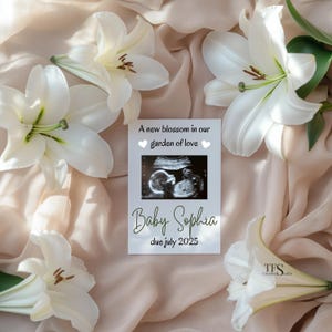 Modelo de anúncio de bebê, revelação de gravidez da White Lily, cartão de ultrassom editável, revelação digital do bebê, download instantâneo, impressão ou envio