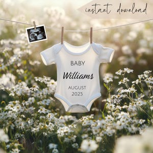 Modelo editável para anúncio de bebê, modelo de macacão de flores silvestres no Canva, revelação digital de gravidez, cartão com foto de ultrassom, download instantâneo