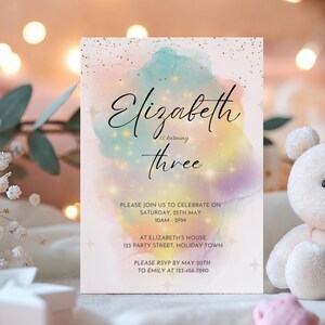 Editable Digital Birthday Party Invitation Template, 5x7 Watercolor Glitter Design, Customizable Printable  Birthday Invite for Girls
