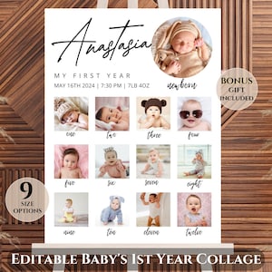 Bewerkbare fotoposter baby's eerste jaar, canvassjabloon, mijlpaalbord van 12 maanden, collage van pasgeborene tot 1 jaar, minimalistisch bordje babyverjaardag