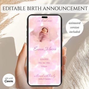 Anúncio de Nascimento Editável para Menina, Tema Rosa nas Nuvens, Modelo Animado para Celular, Download Instantâneo do Canva, Cartão com Foto para Recém-Nascido