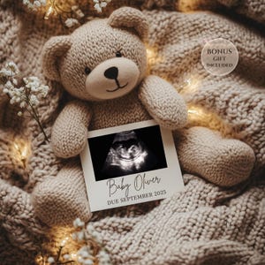 Modèle de faire-part de bébé modifiable, échographie de l'ours en peluche, faire-part de grossesse neutre confortable, toile, téléchargement numérique