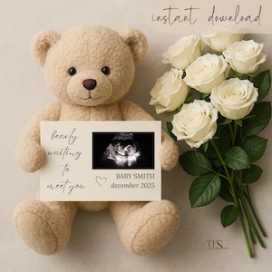Teddybär-Baby-Ankündigungsvorlage, bearbeitbare Ultraschall-Enthüllungsvorlage, sofortiger Download geschlechtsneutrale Schwangerschaftsenthüllung, PDF-Link