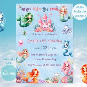 Bewerkbare zeemeermin verjaardagsuitnodiging, Under the Sea Girl Party Invite, Canva-sjabloon, Digitale Download, Instant Access, Afdrukbare 5 x 7