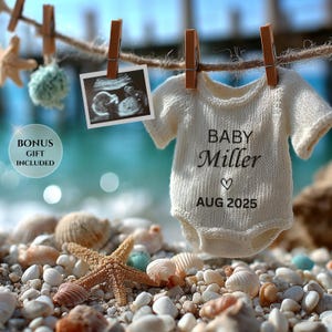 Strand-Babymitteilung, digital bearbeitbare Canva-Vorlage, Sommer- Schwangerschaft enthüllen Ideen für soziale Medien, Strampelanzug und Muscheln-Thema