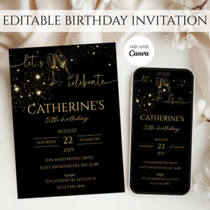 Invito di compleanno nero e oro, invito modificabile per il 50° compleanno, modello digitale Canva, invito elegante per feste, bicchieri che applaudono