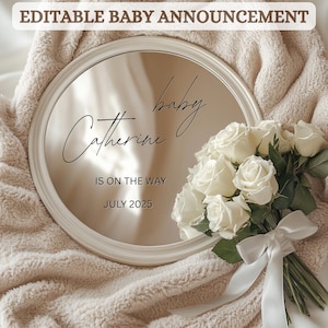 Modèle modifiable de faire-part de bébé, toile miroir pour bébé, faire-part de grossesse en téléchargement numérique, publication sur les réseaux sociaux pour baby shower