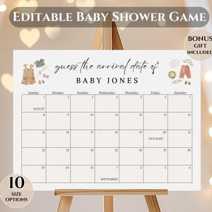 Errate das Ankunftsdatum des Babys Druckbarer, bearbeitbarer Babypartyspielkalender - Neutrale Boho-Vorlage, Canva bearbeitbares Poster, inklusive Bonus