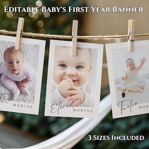 Banner modificabile per le tappe mensili del bambino, modello di banner fotografico per il primo anno, decorazione digitale per baby shower, biglietti per neonati fino a 12 mesi