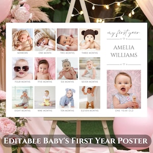 Poster premier anniversaire, collage de photos de ma première année, panneau d'étape mensuel pour bébé, modèle de toile modifiable, téléchargement numérique, design moderne