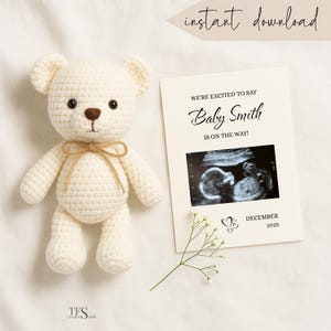 Modèle de faire-part de bébé ours en peluche, révélateur échographique modifiable, carte de grossesse imprimable sur toile, révélateur de bébé numérique pour les médias sociaux
