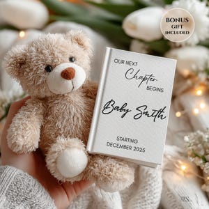 Baby Announcement Canva Template – Editable New Chapter Book Reveal with Teddy Bear – Digital Birth Reveal for Social Media, Cute Keepsake
