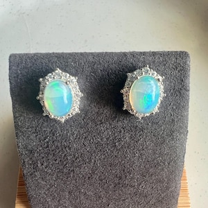 Genuine Australia Opal Earrings, Australia White Opal Earrings, Natural Opal Stud Earrings, Halo Opal Studs,  925 Sterling Silver Earrings