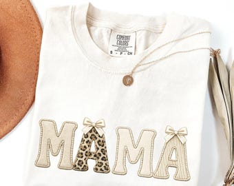 Mama Patchwork Shirt, Comfort Colors Leopard Mama Tee, Coquette Mom Shirt, Faux Embroidered Mama Gift, Trendy Neutral Mom T-Shirt