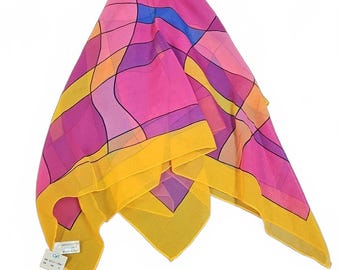 Vintage Pink orange Yellow colors polyester chiffon Scarf 30x30 in made in Italy