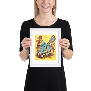 Arte di galline incorniciate, arte della maternità, regalo d'arte per future mamme, arte di galline e uova, arte di galline colorate, arte astratta di galline nel nido
