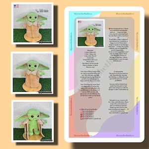 May include: A crocheted doll of a character with large ears, green skin, and a tan coat. The doll is approximately 13.8 inches (35 cm) tall. The image includes the text "Mycrochetbabiess".