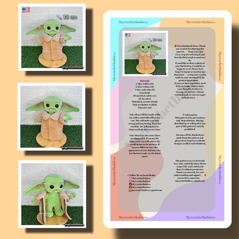 May include: A crocheted doll of a character with large ears, green skin, and a tan coat. The doll is approximately 13.8 inches (35 cm) tall. The image includes the text "Mycrochetbabiess".