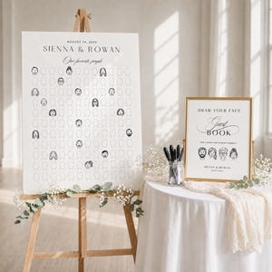 May include: A large white wedding guest book sign on a wooden easel featuring the text Sienna & Rowan, August 26, 20xx, and Our favorite people above a grid of blank face outlines, with some filled in. A smaller framed sign reads Draw Your Face.