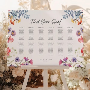 Mapa de assentos de flores silvestres, modelo editável para encontrar seu assento, placa de assentos de casamento floral, plano de mesa para impressão, download instantâneo, WC01