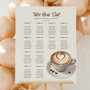 May include: A cream-colored seating chart on an easel for Amelia's bridal shower, with gold balloons in the background. The chart features a coffee cup illustration and guest names listed under table numbers.