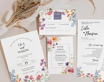 Wildflower Wedding Invitation Bundle, Printable Floral Invite Template, Boho Wedding Suite, Spring Garden Wedding RSVP Details Package, WC01