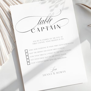 Puede incluir: Una tarjeta rectangular blanca con texto negro titulada Table Captain. La tarjeta enumera cinco tareas con casillas de verificación, incluyendo mantener las bebidas fluyendo y liderar un brindis. Abajo aparecen los nombres Sienna y Rowan en cursiva.