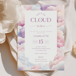 On Cloud Nine Bridal Shower Invitation, The Bride is on Cloud 9, Editable Invite Template, Printable Wedding Shower Card, CL01
