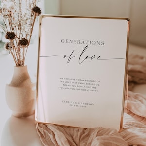 May include: A rectangular sign with a metallic rose gold frame featuring the text GENERATIONS of love, WE ARE HERE TODAY BECAUSE OF THE LOVE THAT CAME BEFORE US. THANK YOU FOR LAYING THE FOUNDATION FOR OUR FOREVER. CECILIA & HARRISON JULY 15, 20XX.