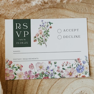 Carte RSVP fleurs sauvages, faire-part de mariage bohème modifiable, carte de réponse florale printanière, modèle imprimable détails de mariage d'été, E01