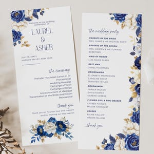 Programa de boda floral azul real: Orden de ceremonia editable (descarga instantánea de Canva)