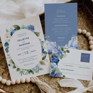 Hydrangea Wedding Invite Set, Dusty Blue Floral Invitation Suite, Editable Spring Wedding Stationary, Printable RSVP Details Bundle, J01