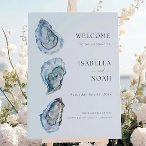 Oyster Wedding Welcome Sign, Coastal Beach Wedding Poster, Watercolor Oyster Shell Decor, Modern Editable Wedding Template, IS2