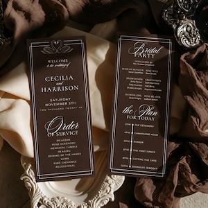 May include: Two rectangular dark brown wedding programs with white text and line borders. The left card features two swans and the names Cecilia and Harrison. The right card lists the bridal party and the plan for today with a timeline of events.