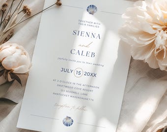 Coastal Wedding Invite, Seashell Invitation Template, Editable Beach Wedding Printable, Ocean Theme Nautical Wedding Card