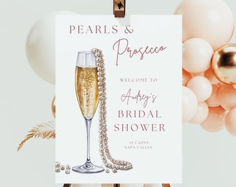 Perły i Prosecco Bridal Shower Plakat Powitalny, Edytowalny Znak Powitalny Szampana, Szablon Prysznicu Ślubnego Do Wydruku, Natychmiastowe Pobieranie