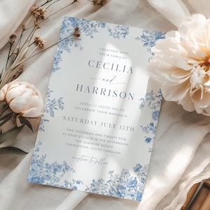 Toile Wedding Invitation Template, Dusty Blue Chinoiserie Invite, Traditional Floral Wedding Card, Vintage French Blue Toile de Jouy, C1