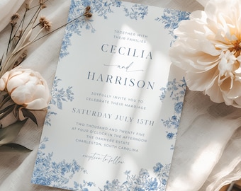 Toile Wedding Invitation Template, Dusty Blue Chinoiserie Invite, Traditional Floral Wedding Card, Vintage French Blue Toile de Jouy, C1