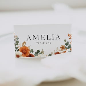 Fall Floral Wedding Place Card Template | Boho Burnt Orange Name Card | Rustic Autumn Table Decor | Terracotta Dinner Seating Card | C3